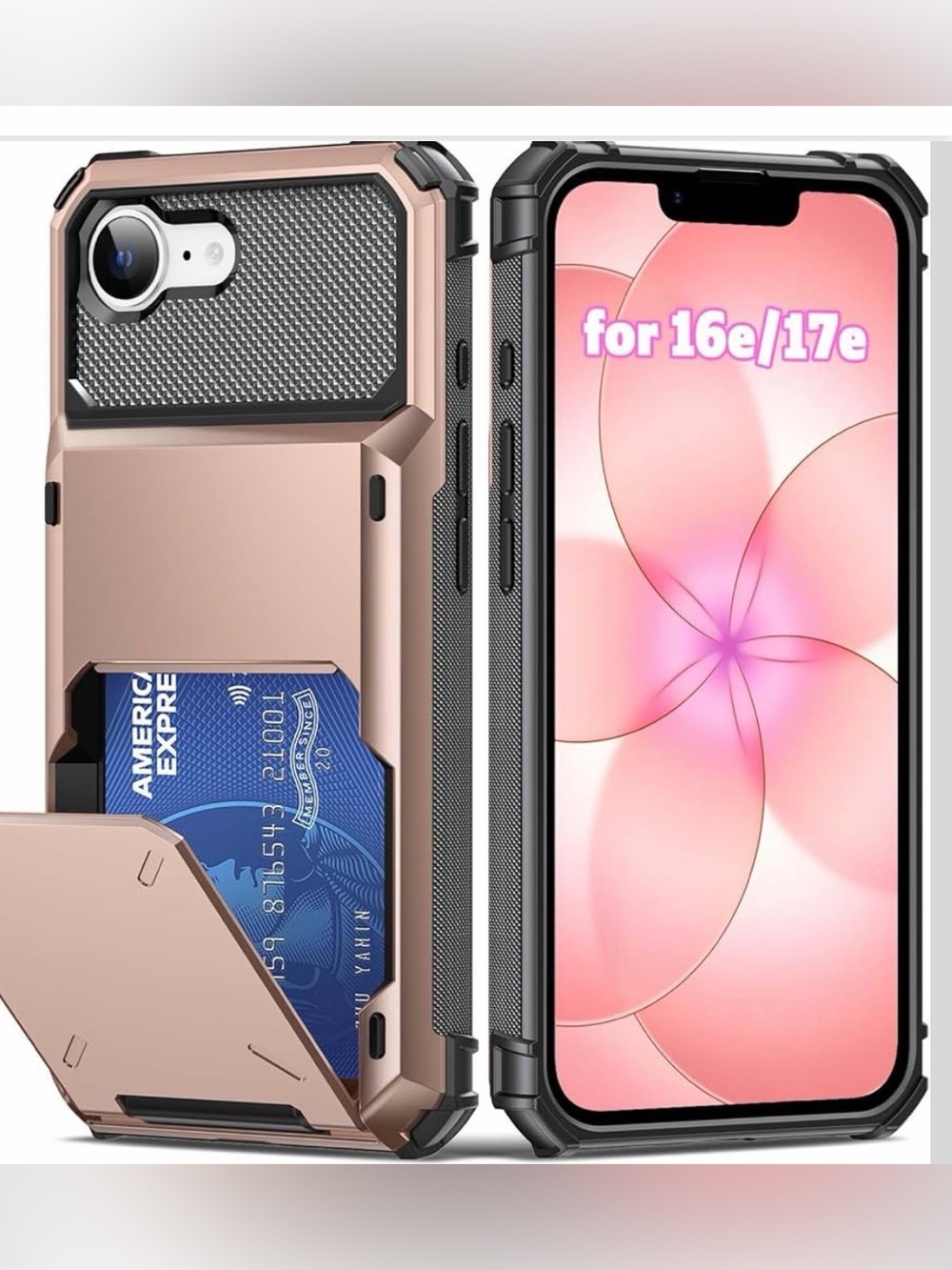 iPhone credit card case for iPhone 16e and iPhone 17e, Rose Gold
